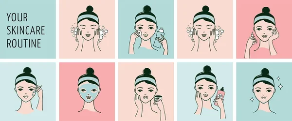 Routine de soins de la peau, visage de femme avec une bannière différente de procédures faciales — Image vectorielle