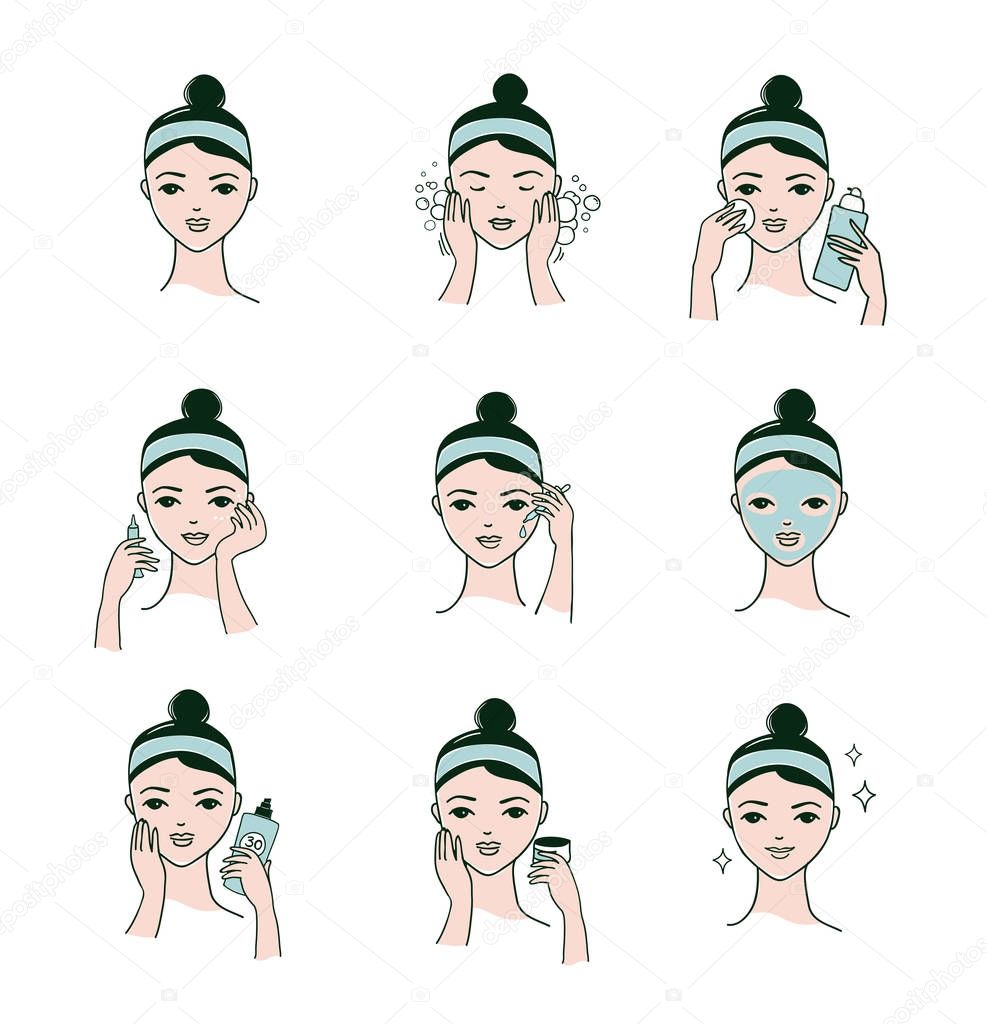 Skin care routine, woman face with a different facial procedures banner