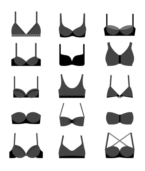 Collection of different types of bras illustrations, icons — Stock Vector