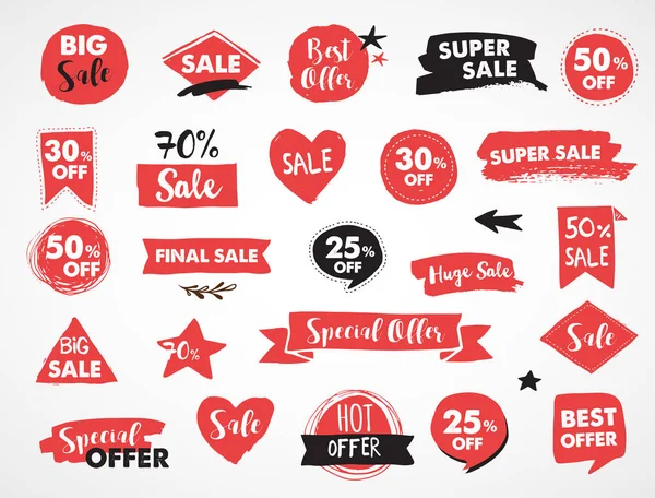 Этикетки Super Sale, красные нарисованные вручную стикеры и бирки — стоковый вектор