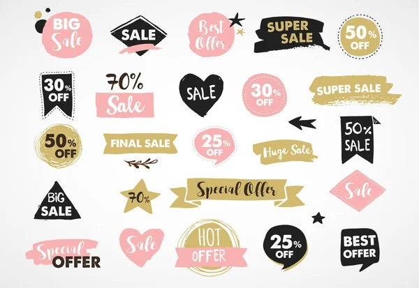 Super Sale Etiketten, moderne handgezeichnete Aufkleber und Tags — Stockvektor