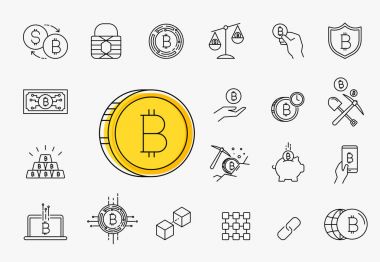 Çizgi kontur vektör Bitcoin ve Cryptocurrency simgeler kümesi 