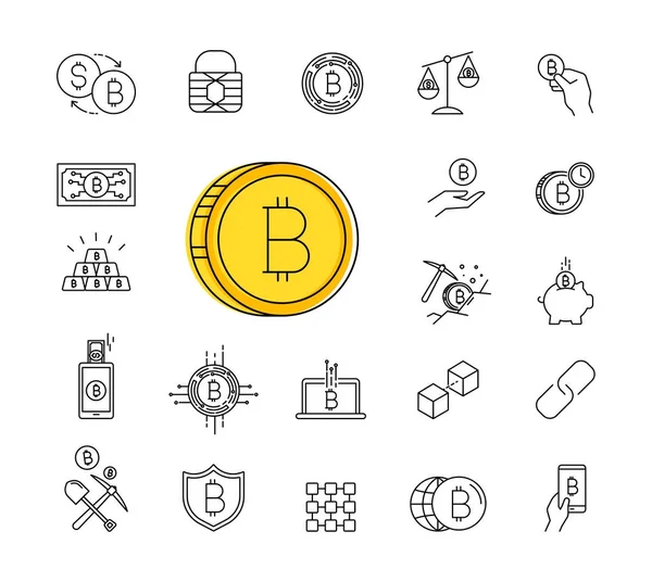 Conjunto de Vector de trazo de línea Bitcoin y criptomoneda iconos — Vector de stock
