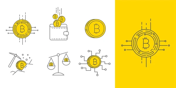 Conjunto de iconos de concepto de bitcoin de oro digital — Vector de stock