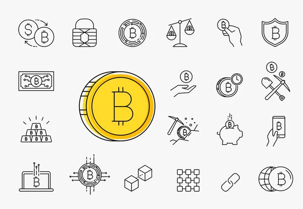 Conjunto de Vector de trazo de línea Bitcoin y criptomoneda iconos — Vector de stock
