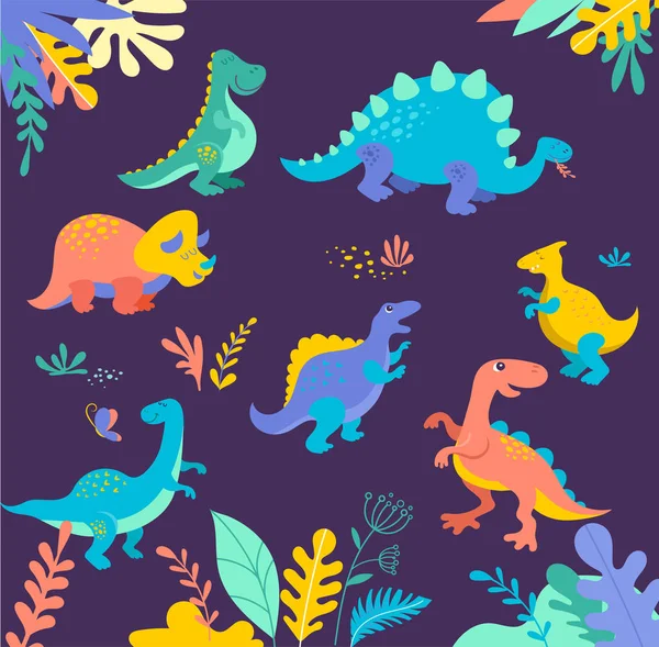 Colección de dinosaurios, lindas ilustraciones de animales prehistóricos — Vector de stock
