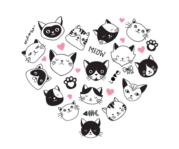 Chats Love, collection d'icônes vectorielles, illustrations dessinées à la main avec cœur — Image vectorielle