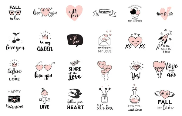 Doodles amor, ilustrações desenhadas à mão e coleta de citações — Vetor de Stock