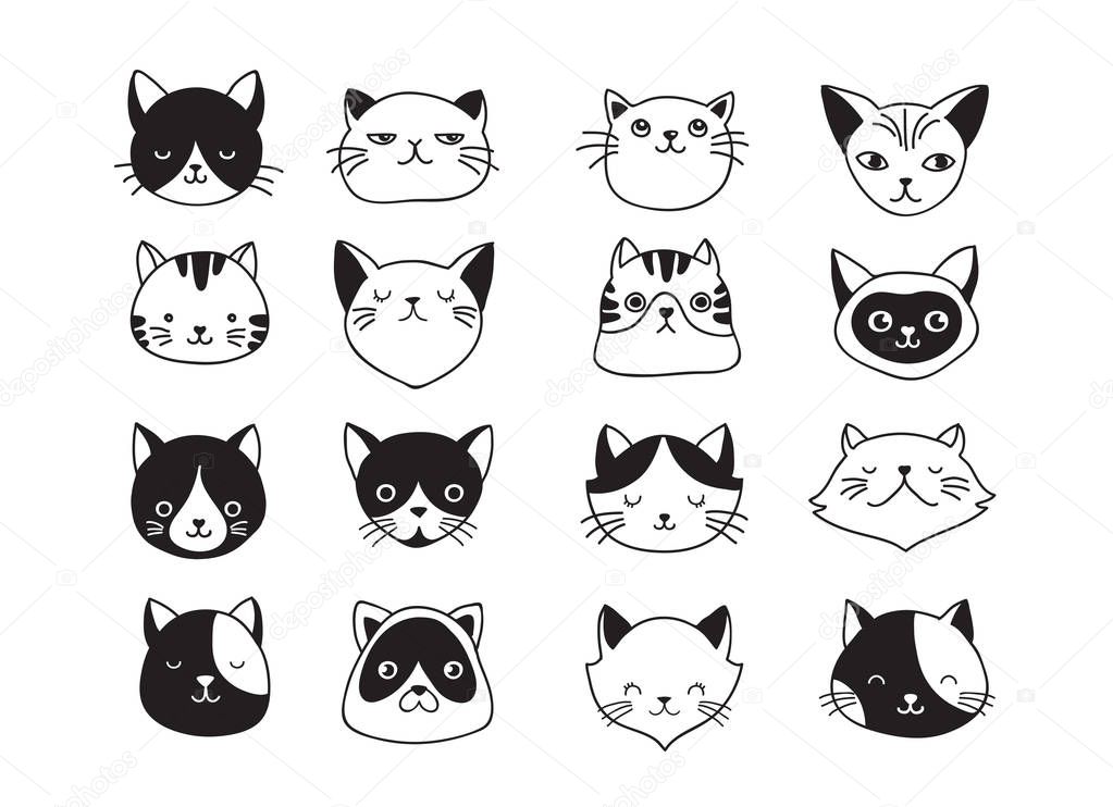 Cats, collection of vector icons, hand drawn illustrations