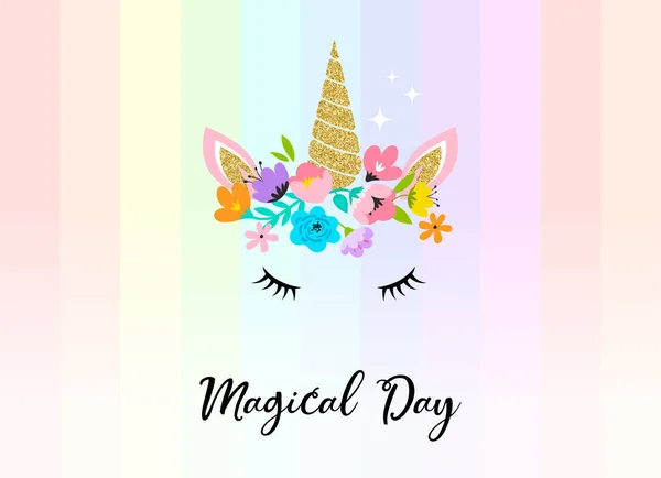 Unicorn head with flowers - card and shirt design — Stock Vector