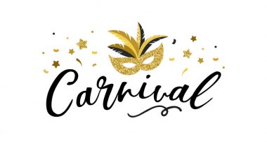 Karnaval poster, afiş altın şık parti öğeleri - maske, konfeti, yıldız ve su sıçramalarına