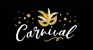 Karnaval poster, afiş altın şık parti öğeleri - maske, konfeti, yıldız ve su sıçramalarına