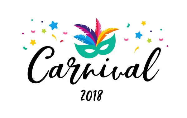 Carnival affisch, banner med färgstarka part element - mask, konfetti, stjärnor och stänk — Stock vektor