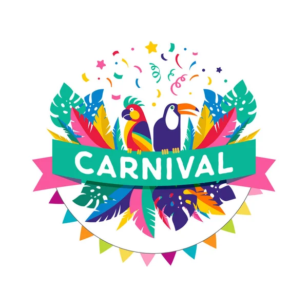 Cartel de carnaval brasileño, pancarta con elementos de fiesta de colores - máscaras, confeti, tucán, loro y salpicaduras . — Vector de stock