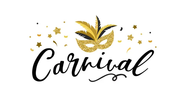 Carnival affisch, banner med gyllene chic part element - mask, konfetti, stjärnor och stänk — Stock vektor