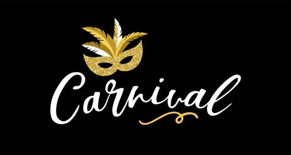 Carnaval cartel, pancarta con elementos de fiesta de oro chic - máscara, confeti, estrellas y salpicaduras — Vector de stock