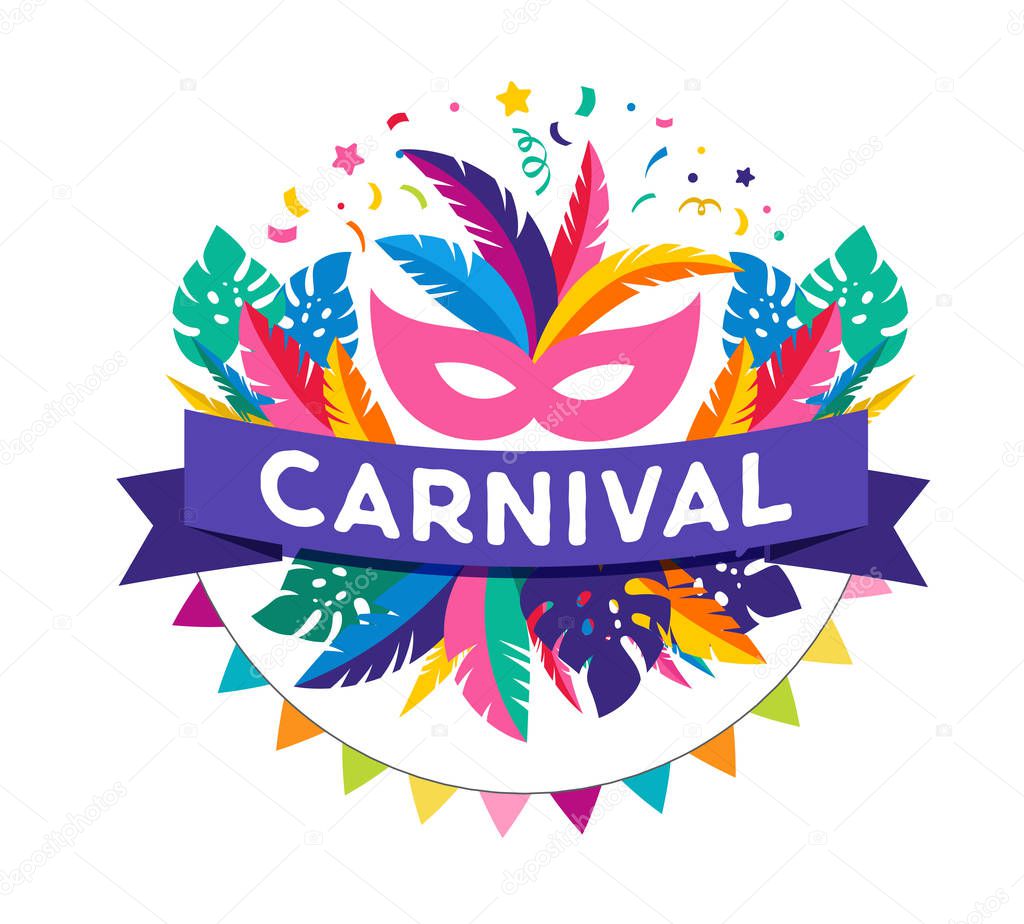 Carnival poster, banner with colorful party elements - mask, confetti, stars and splashes