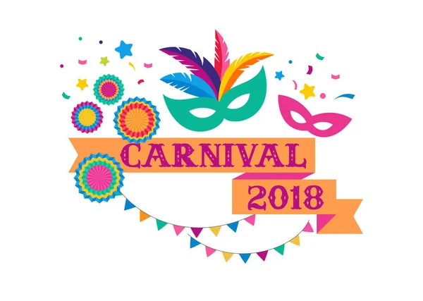 Carnaval cartel, pancarta con elementos de fiesta de colores máscara, confeti, estrellas y salpicaduras — Archivo Imágenes Vectoriales