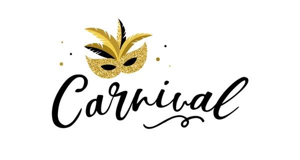 Carnaval cartaz, banner com elementos de festa chique dourado - máscara, confete, estrelas e salpicos — Vetor de Stock