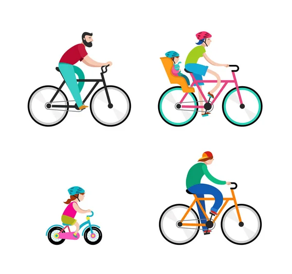 Osoby jadące na rowery w parku, aktywny wypoczynek dla rodzin z dziećmi — Wektor stockowy
