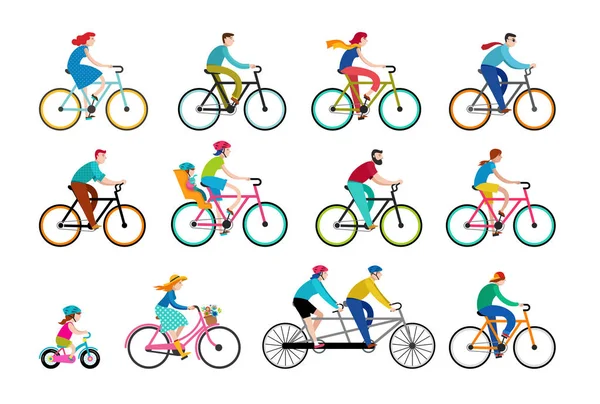 Personas montadas en bicicletas en el parque, vacaciones familiares activas — Vector de stock