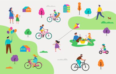 Etkin aile tatil, park faaliyetleri çizim çocuklar, çiftler ve aileler ile yaz açık sahne.