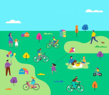 Etkin aile tatil, park faaliyetleri çizim çocuklar, çiftler ve aileler ile yaz açık sahne.