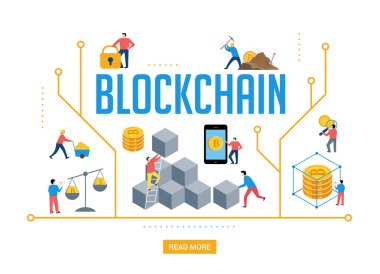 Minimalist insanlarla Blockchain sahne. Fintech sanayi konsept tasarımı