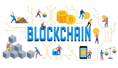 Minimalist insanlarla Blockchain sahne. Fintech sanayi konsept tasarımı