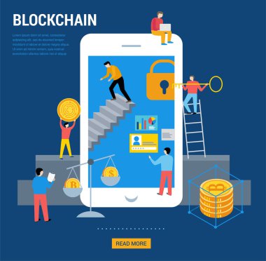 Minimalist insanlarla Blockchain sahne. Fintech sanayi konsept tasarımı
