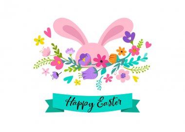 Happy Easter bunny çiçek tasarım ile. Paskalya satış ve tebrik kartı tatil kavramı