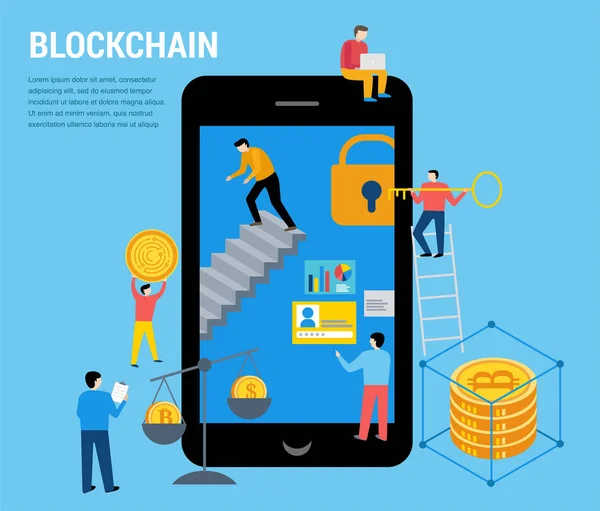 Blockchain scena con persone minimaliste. Progettazione di concept dell'industria Fintech — Vettoriale Stock