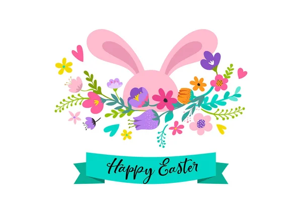 Feliz Pascua, conejito con diseño de flores. Venta de Pascua y tarjeta de felicitación concepto de vacaciones — Vector de stock