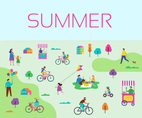 Letní venkovní scéna s aktivní rodinné dovolené, ilustrace aktivity parku s dětmi, páry i rodiny s dětmi. — Stockový vektor