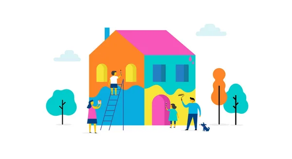La famille peint la maison, le concept design. Scène extérieure d'été avec illustration vectorielle plate minimaliste colorée — Image vectorielle