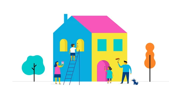 Família está pintando casa, design conceito. Cena ao ar livre de verão com ilustração vetorial plana minimalista colorida — Vetor de Stock