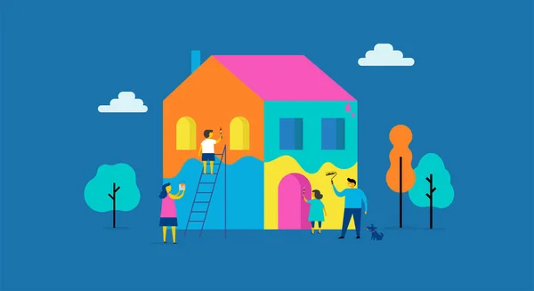 La famille peint la maison, le concept design. Scène extérieure d'été avec illustration vectorielle plate minimaliste colorée — Image vectorielle