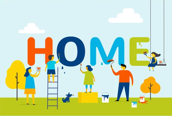 Zuhause - Familie malt Buchstaben, Konzeptdesign mit Kindern, Mutter und Vater, Sommer-Outdoor-Szene — Stockvektor