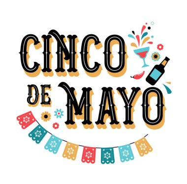 Cinco de Mayo - 5 Mayıs, Meksika federal tatil. Bayrakları ile Fiesta afiş ve poster tasarımı