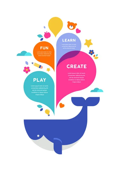 Camp d'été pour enfants, affiche avec éclaboussures colorées et baleine — Image vectorielle