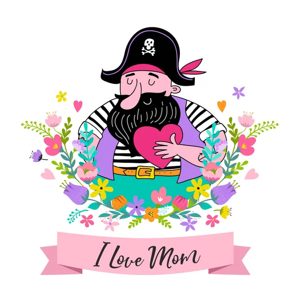 Happy Mother's Day Background, banner and illustration with pirate holding heart and flowers — Stock Photo, Image