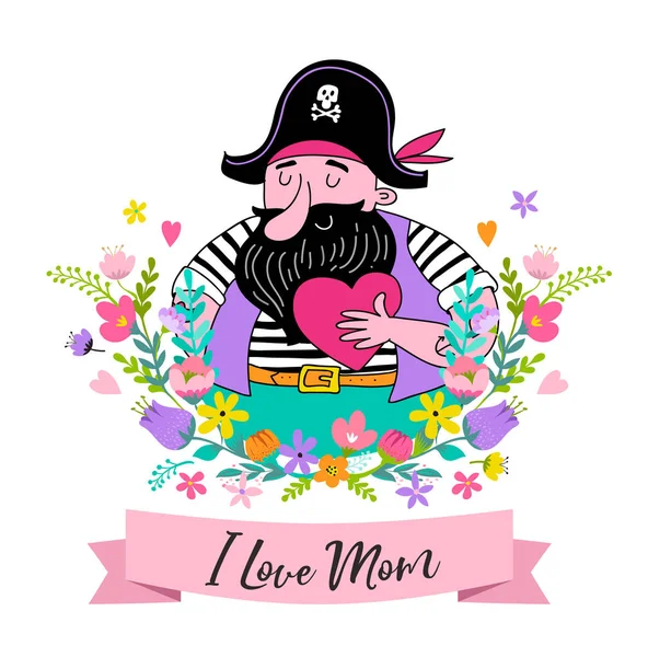 Happy Mother\'s Day Background, banner and illustration with pirate holding heart and flowers