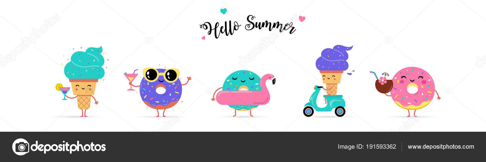 Download Sweet Summer Cute Ice Cream Watermelon And Donuts Characters Make Fun Vector Image By C Marish Vector Stock 191593362