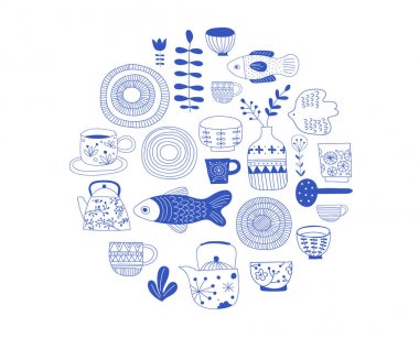 Basit, zarif ve şık koleksiyonu modern elle çizilmiş mutfak eşyaları, Japon seramik, logolar ve resimler