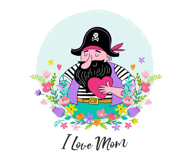 Joyeux Fête des Mères Contexte, bannière et illustration avec pirate tenant coeur et fleurs — Image vectorielle