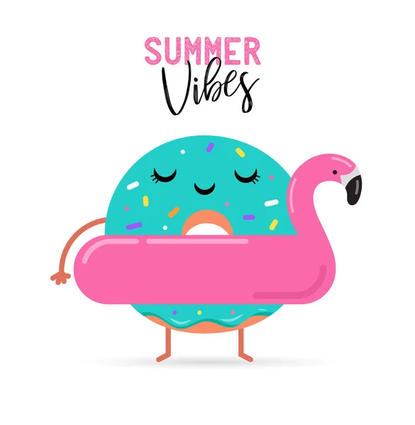 甜美的夏日-可爱的冰淇淋, 西瓜和甜甜圈的人物玩得开心 — 图库矢量图片