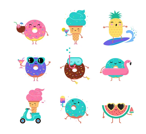 Verão doce - bonito sorvete, melancia e donuts personagens fazer diversão —  Vetores de Stock