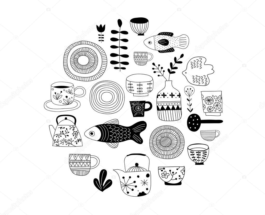 Simple, elegant and stylish collection of modern hand drawn kitchenware, japanese ceramics, logos and illustrations, craft and handmade concept