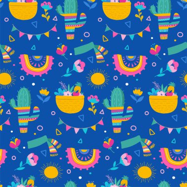 Seamless pattern, cacti, palm leavs, jungle flowers, Mexican fiesta background clipart