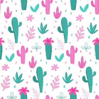 Dikişsiz desen, kaktüsler, palm leavs, orman çiçekler